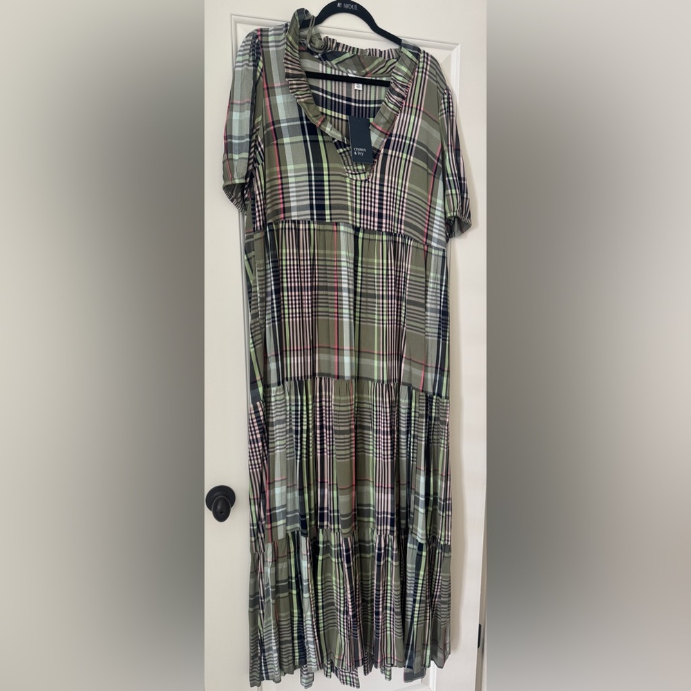 Crown & Ivy Plaid Short Sleeve Long Dress XL